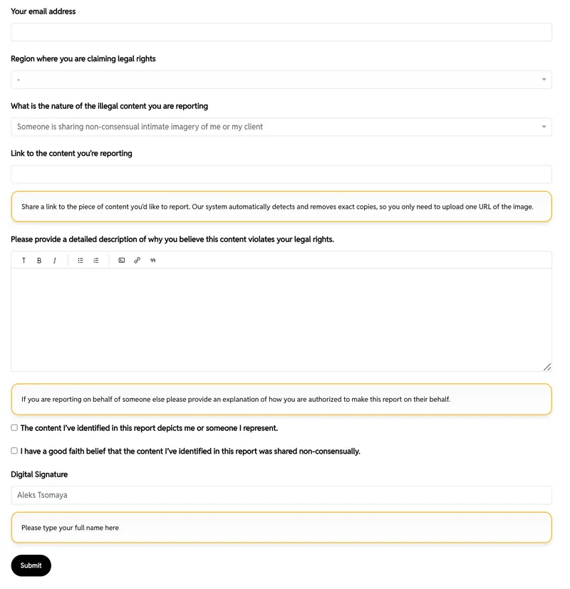 The full Reddit non-consensual intimate media report form with all fields
