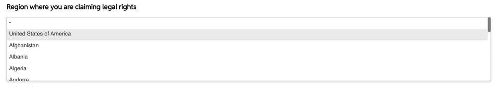 Reddit form field: Region where you are claiming legal rights, United States selected