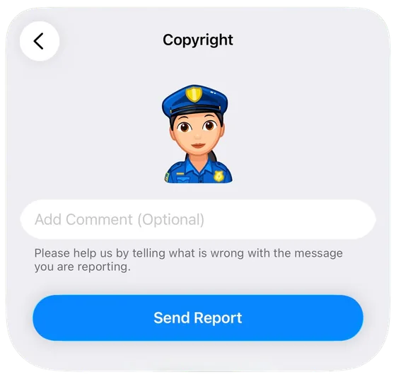 Telegram's copyright report screen with a comment box and Send Report button