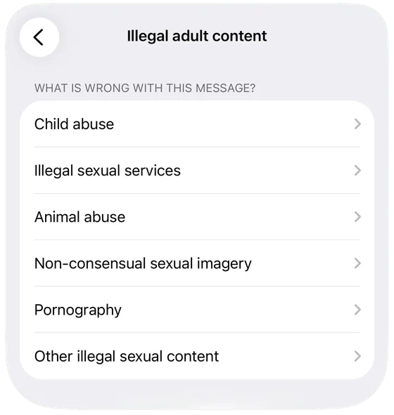 Telegram's illegal adult content submenu with Non-consensual sexual imagery