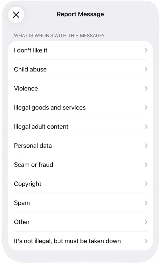 Telegram's list of report reasons, with Illegal adult content highlighted