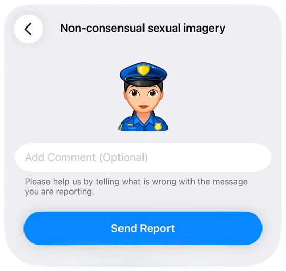 Telegram's final report screen with a comment box and Send Report button