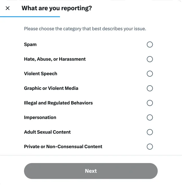 X's report categories, with Private or Non-Consensual Content
