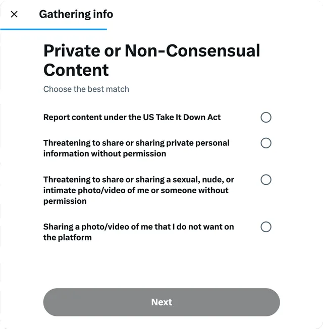 X's sub-options for private or non-consensual content, including the US Take It Down Act